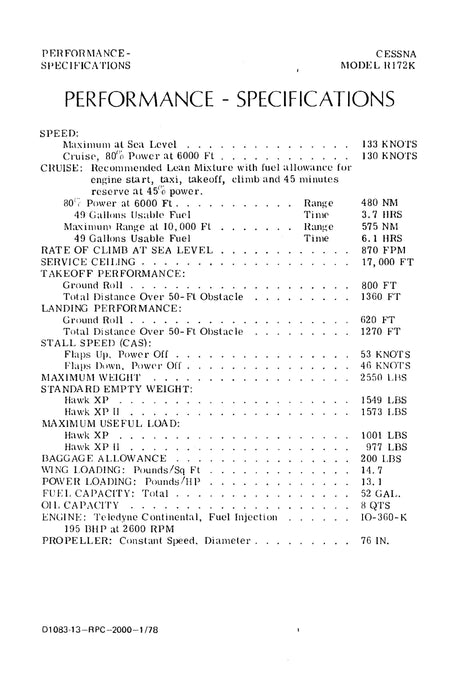 Cessna R172K Hawk XP 1977 Pilot's Operating Handbook D1083-13