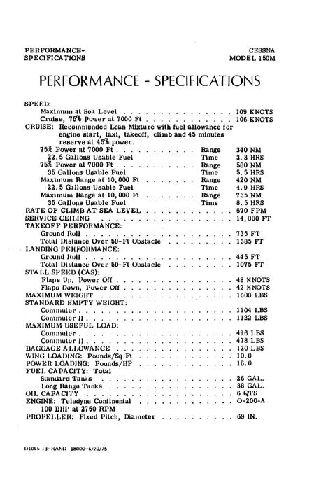 Cessna 150M 1976 Pilot's Operating Handbook D1055-13