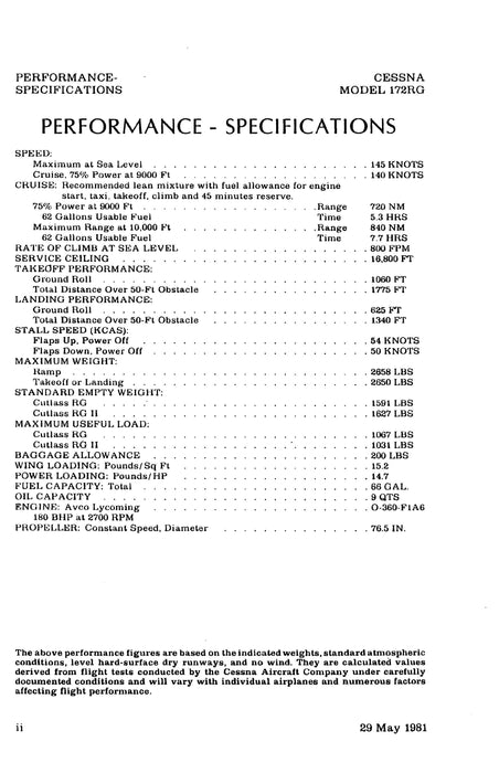 Cessna Cutlass RG Model 172RG 1982 Pilot's Information Manual D1213-13