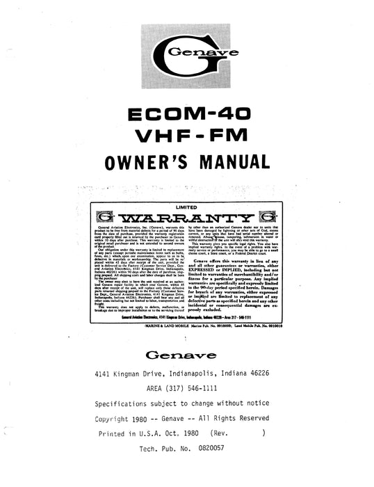 Genave ECOM-40 VHF-FM Owner's Manual 1980