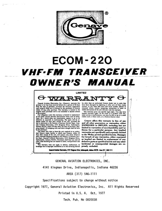 Genave ECOM-220 VHF-FM Transceiver Owner's Manual 1977