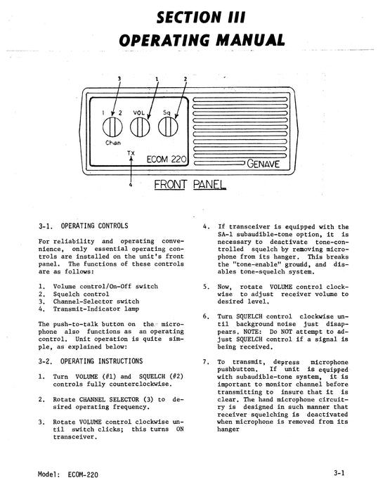 Genave ECOM-220 VHF-FM Transceiver Owner's Manual 1977