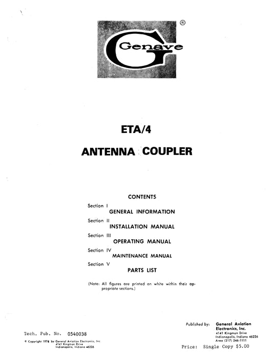 Genave ETA-4 Antenna Coupler Installation, Operating, Maintenance Manual