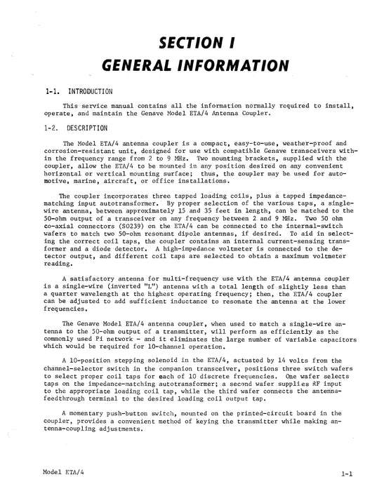 Genave ETA-4 Antenna Coupler Installation, Operating, Maintenance Manual