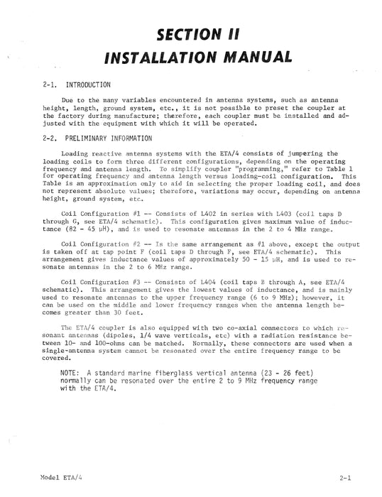 Genave ETA-4 Antenna Coupler Installation, Operating, Maintenance Manual