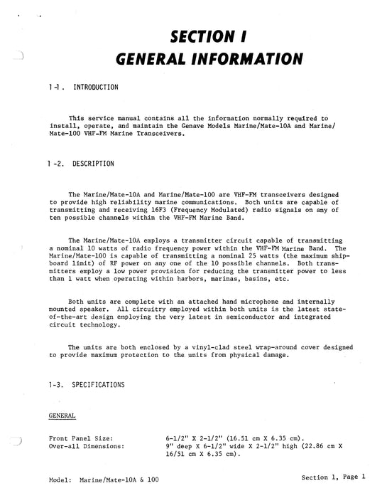 Geneve Marine/Mate-10A & 100 VHF FM Communications Transceiver Maintenance Manual