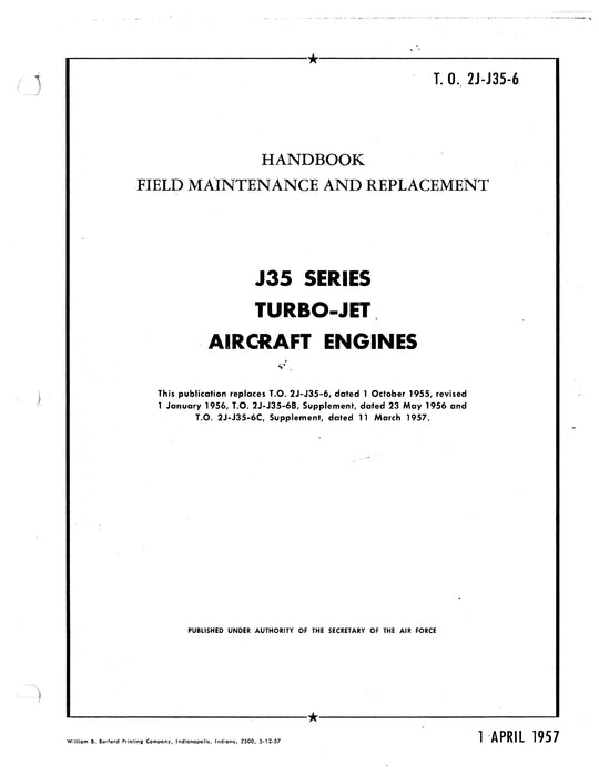 Allison J35 Series Turbo-Jet Aircraft Engines Field Maintenance and Replacement 2J-J35-6