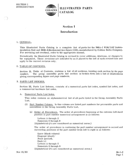 Collins 344A-1 VOR/LOC Instrumentation Unit & 390D-8 Shockmount Illustrated Parts Catalog (520-5732005-101115)