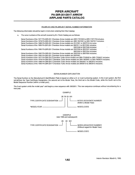 Piper PA28R-201 Arrow III,201T Turbo Parts Catalog (761-638) Revised 1995