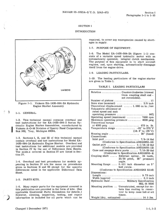 Vickers Hydraulic Engine Starter Assembly EA-1430-084-2A, B, C Overhaul Instructions 03-105DA-2