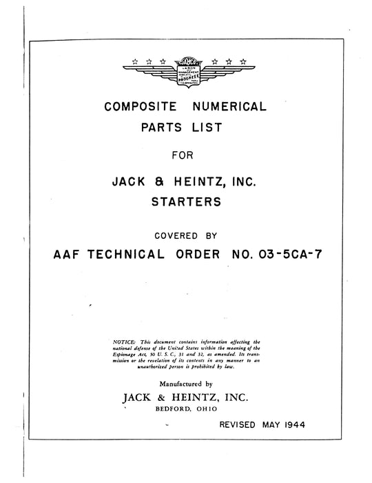 Jack & Heintz Starters Composite Numerical Parts List (Not Illustrated) 03-5CA-7