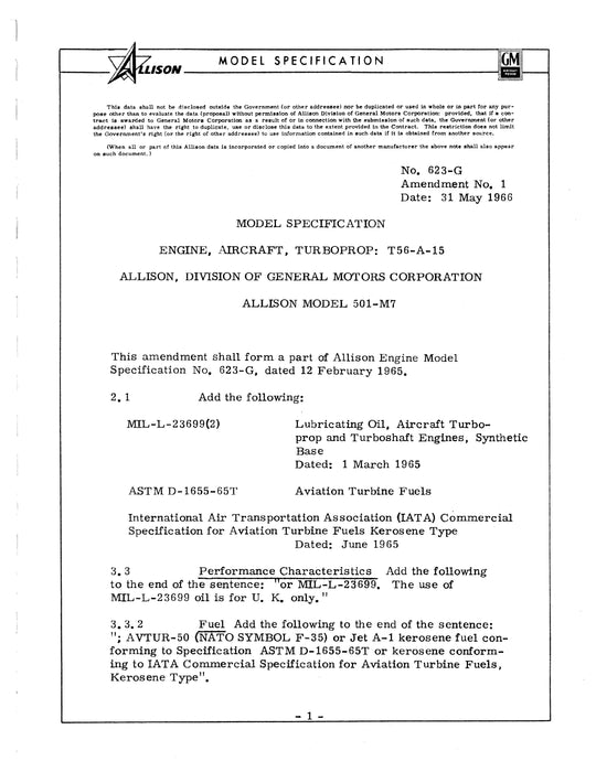 Allison T56-A-15 Military Turboprop Engine Model Specification No. 623-G