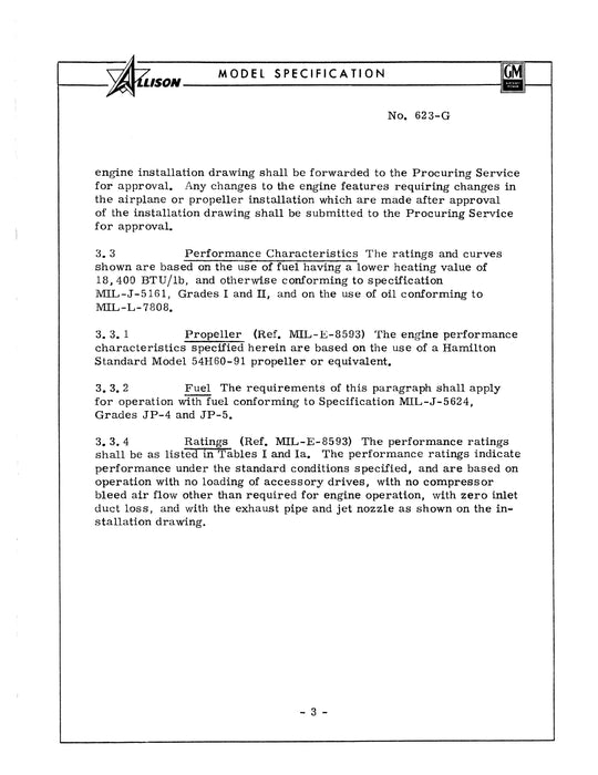 Allison T56-A-15 Military Turboprop Engine Model Specification No. 623-G