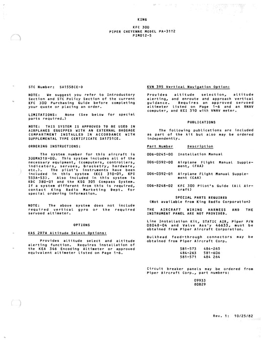 King KFC 300 Flight Control System For Piper Cheyenne PA-31T2 Installation Manual 006-0245-00