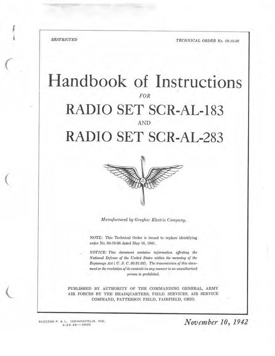 Radio Set SCR-AL-183, -283 Handbook of Instructions TO 08-10-36