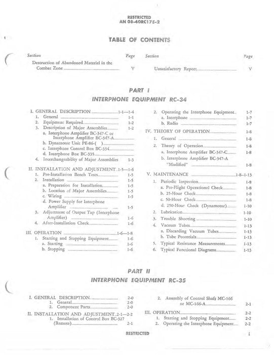 Interphone Equipments RC-34, -35, -35-Z, -36, -36-B, -51, -175 Maintenance Instructions 16-40RC175-2