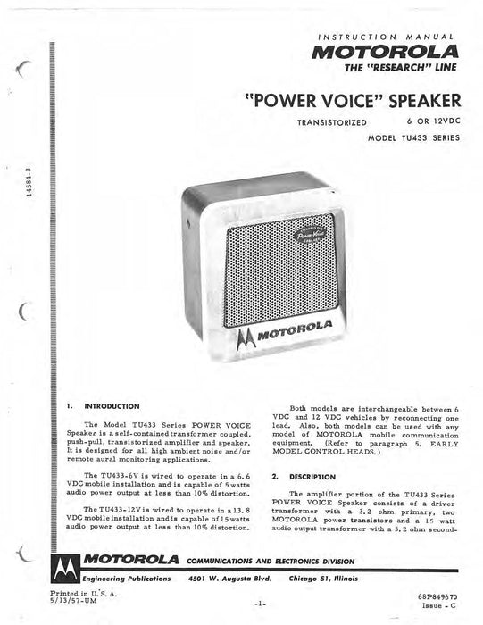 Motorola TU433 Series 6 or 12VDC Power Voice Speaker Instruction Manual 68P849670