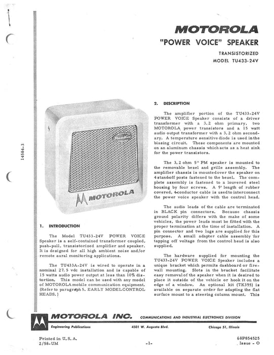 Motorola TU433 Series 24V Power Voice Speaker Instruction Manual 68P854525