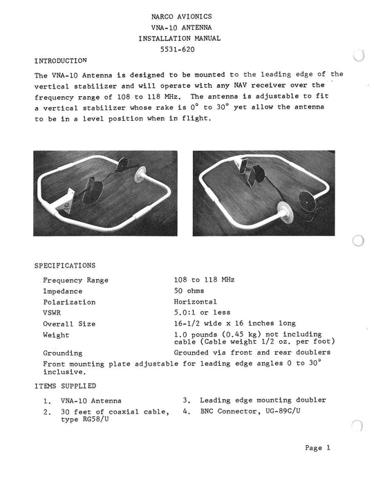 Narco VNA-1 Antenna Installation Manual 5531-620