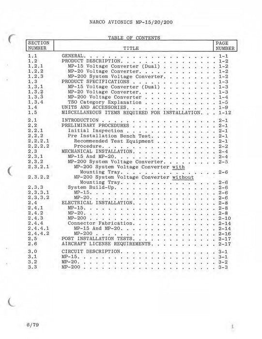 Narco MP-15, MP-20, MP-200 Voltage Converter Maintenance Manual 03223-0600