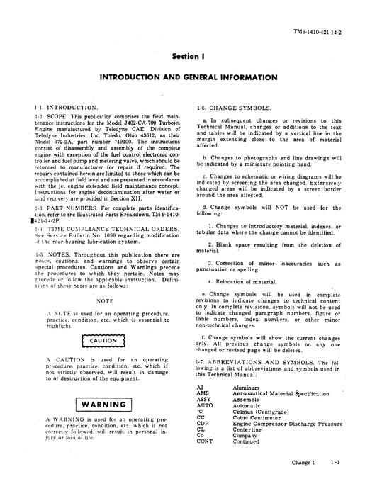 Continental J402-CA-700 Turbo Jet Engine Intermediate Maintenance Instructions (9-1410-421-14-2)