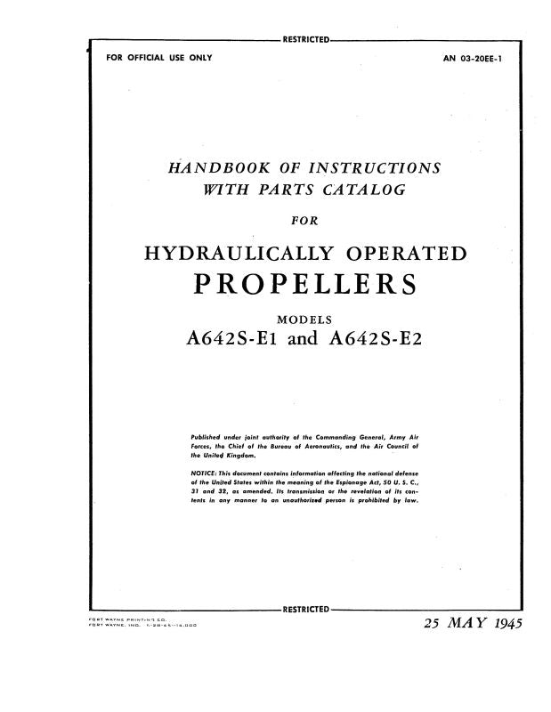 Aeroproducts Propeller Models A642S-E1, A642S-E2 Handbook of Instructi ...