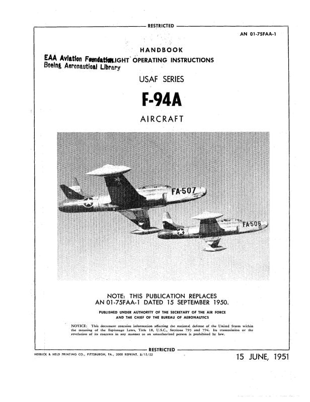 Lockheed F-94A 1951 Flight Handbook (01-75FAA-1) — Essco Aircraft