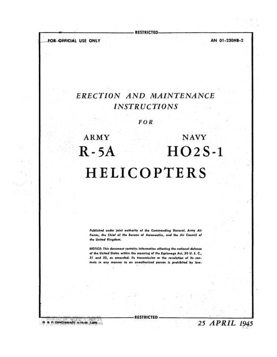 Bell Helicopter Army R-5A, Navy HO2S-1 1945 Erection & Maintenance