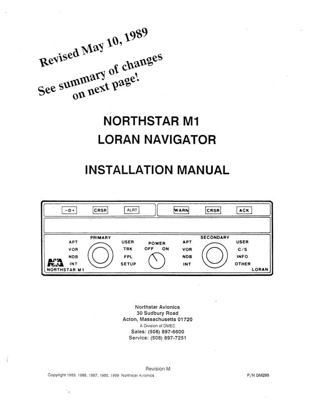 Northstar Avionics Northstar M1 Loran Navigator Installation Manual (G ...