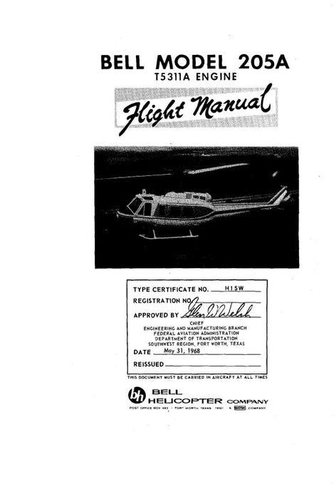 Bell Helicopter Model 205A T5311A Engine Flight Manual