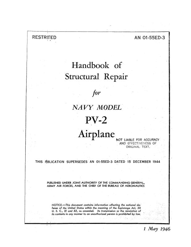 Lockheed PV-2 Navy Airplane 1946 Structural Repair Handbook (01-55ED-3 ...