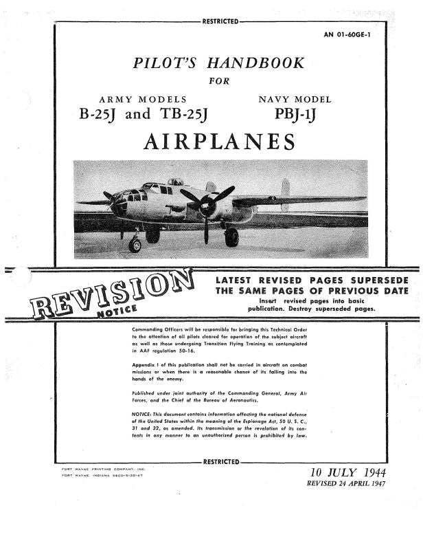 North American B-25J, TB-25J Navy PBJ-1J 1944 Pilot's Flight Handbook ...